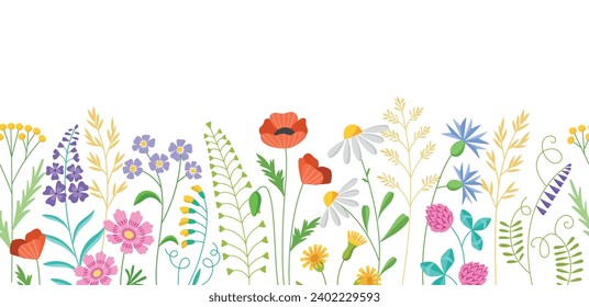 Schöne Wiesenblumen. Sommerfelsgras, Frühlingsblüten, wiederholter Hintergrund, Wilddekorative Pflanzen, Vektor-nahtlose Ränder.eps
