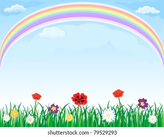 Beautiful meadow with green grass, spring flowers and rainbow over blue sky. Vector illustration saved as EPS AI8, simple linear gradient in the sky, no effects, easy print.