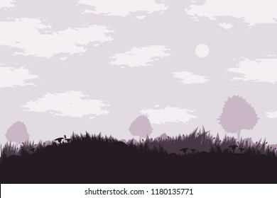 Beautiful meadow silhouette landscape with grass, mushrooms, trees, bushes on light sky background with clouds and sun  