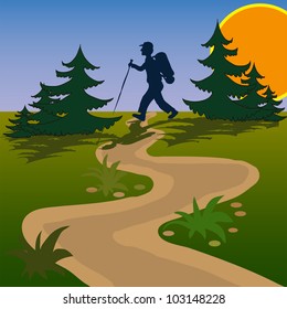 beautiful meadow sunrise and men going to hike between trees