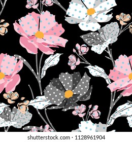 Beautiful Meadow and wild flowers made with polka dots fill-in seamless vector pattern modern style for fashion,fabric,wallpaper, and all prints on black background