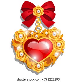 A beautiful medal in the shape of a red heart made of precious stones set in gold with ribbon bow isolated on white background. A symbol of love and generosity. Vector cartoon close-up illustration.