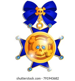Beautiful medal in the style of pirates with engraved image of the human skull, made of precious stones set in gold with ribbon bow isolated on white background. Vector cartoon close-up illustration.