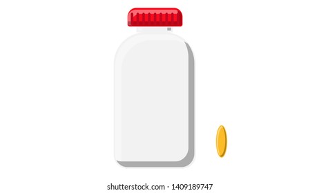 Beautiful medical plastic can with a lid white for tablets capsules with drugs vitamins antibiotics fish oil for the treatment of diseases pharmaceutical on a white background. Vector illustration