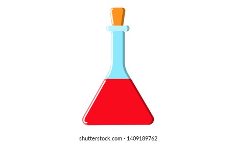 Beautiful medical red triangular glass chemical flask test tube with liquid for research studies conducting experiments and making medicines on a white background. Vector illustration