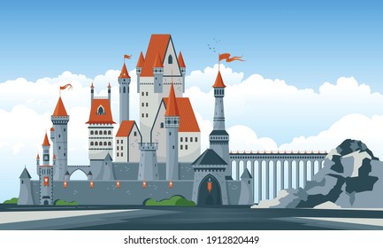 Beautiful medieval castle with arched windows towers turrets bridge gate flat vector illustration