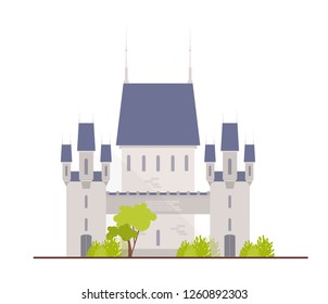 Beautiful medieval castle, fortress, citadel or stronghold isolated on white background. Facade of royal residence or ancient historical building. Colorful vector illustration in flat cartoon style.
