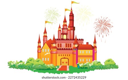 Beautiful medieval fairytale castle with flags and celebratory fireworks. Vector illustration isolated on white background.