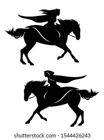 beautiful medieval princess or queen riding running horse - fantasy fairy tale woman wearing cape and hood black and white vector silhouette set