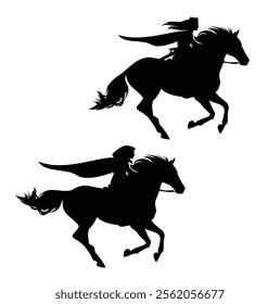 beautiful medieval princess or queen warrior with sword riding running horse - fantasy fairy tale woman wearing cape and hood black and white vector silhouette set