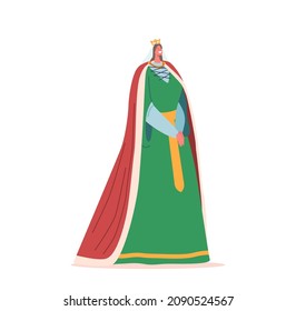 Beautiful Medieval Queen in Royal Crown, Long Dress and Cape. Family Member in Costume, Isolated Ancient Historical Kingdom Person or Fairy Tale Fantasy Character. Cartoon People Vector Illustration