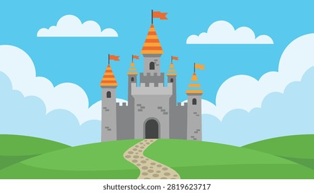 Beautiful medieval stone castle stands proudly on top of a green hill under a bright blue sky with fluffy white clouds.
