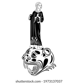 Beautiful medieval woman standing on the head of a horrible monster. Creative concept. Black and white silhouette. Juxtaposition of innocent and threating. Dark female archetype. Damsel in distress.