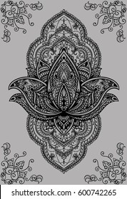 Beautiful mehndi pattern with curls and a symbol of a lotus