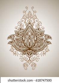 Beautiful mehndi pattern with curls and a symbol of a lotus