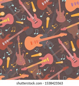 Beautiful mellow guitar and music design in multicolor hues of orange and pink. Seamless vector pattern on warm brown layered background. Great for music products, giftwrap, stationery, fabric, print