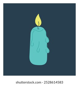 Beautiful melting blue candle with fire isolated on navy blue indigo background. Hand drawn vector flat colored illustration. Concept for Day of the dead, Dia de los Muertos, icon