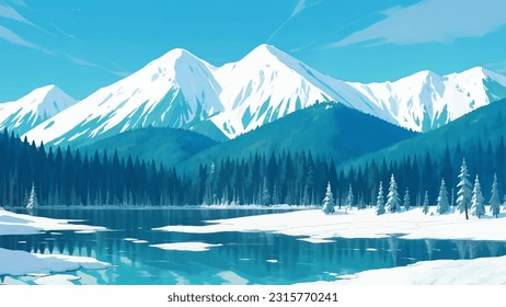 Beautiful Melting Frozen Lake Scenery with Pine Trees and Mountains Hand Drawn Painting Illustration
