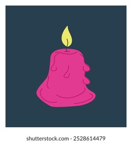 Beautiful melting pink candle with fire isolated on navy blue indigo background. Hand drawn vector flat colored illustration. Concept for Day of the dead, Dia de los Muertos, icon