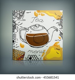Beautiful Menu concept for an eating house, restaurant, coffee-room, tea-house, tea-room, tea-shop, cafe or roastery. Editable vector illustration based on a hand drawn elements.