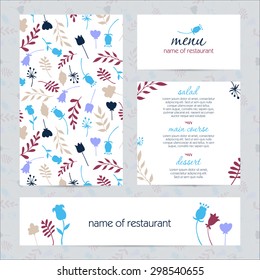 beautiful menu design for cafe and restaurant. set with floral and sketch style seamless pattern. Decor cards, postcards, wedding printing. Hand drawn vector illustration