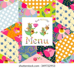 Beautiful menu template with happy dragons on patchwork background. Vector illustration.