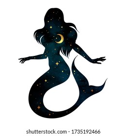 Beautiful meramaid silhouette with crescent moon and stars in profile isolated. Boho chic tattoo, sticker or print design vector illustration