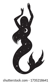 Beautiful meramaid silhouette with crescent moon and stars in profile isolated. Boho chic tattoo, sticker or print design vector illustration