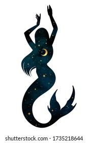 Beautiful meramaid silhouette with crescent moon and stars in profile isolated. Boho chic tattoo, sticker or print design vector illustration