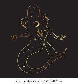 Beautiful meramaid silhouette with crescent moon and stars in profile isolated. Boho chic tattoo, sticker or print design vector illustration