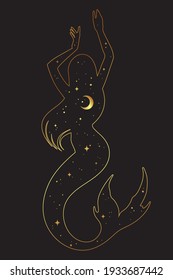 Beautiful meramaid silhouette with crescent moon and stars in profile isolated. Boho chic tattoo, sticker or print design vector illustration