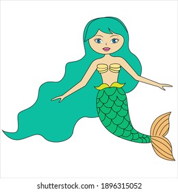 
A beautiful mermaid with big eyes, blue hair and a fish tail.