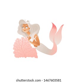 Beautiful mermaid with blond hairs for t shirts and prints or kids projects design vector illustration isolated on white background. Sea princess fashion image.