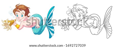 Beautiful mermaid boy. Coloring page and colorful clipart character. Cartoon design for t shirt print, icon, logo, label, patch or sticker. Vector illustration.