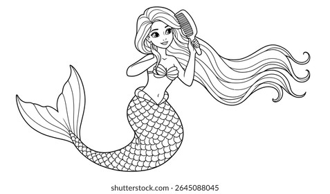 Beautiful Mermaid Brushing Wavy Tresses Coloring Sheet Simple Underwater Scene For Kids Fantasy Activity