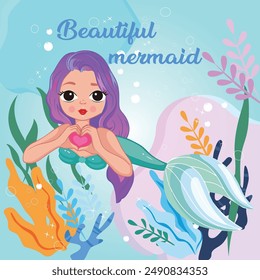 Beautiful mermaid. Cartoon mermaid. Sea depths. Fairytale character. Mermaid for girls. Cute mermaid