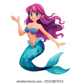 Beautiful mermaid character waving hand in a cheerful pose. Vector cartoon illustration