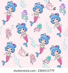 Beautiful mermaid and colorful jellyfish in anime style seamless pattern. Vector illustration on a pink background. Print for children's T-shirt