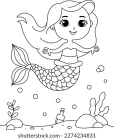 Beautiful mermaid coloring page under the sea. Little mermaid cartoon. Coloring book for kids page activity (vector illustration)