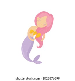 Beautiful mermaid combing her long pink hair. Cartoon girl character with shell bra and purple fish tail. Mythical underwater creature. Colorful flat vector design