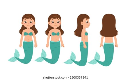 Hermoso constructor de sirena. Chica con cola de pez. Kit para crear animaciones. Pack de personajes en diferentes poses. Imaginación y fantasía. Colección plana del Vector aislada en el fondo blanco