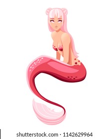 Beautiful mermaid. Cute cartoon style mermaid sitting on template. Pink hair color and red bra and tail. Flat vector illustration isolated on white background.