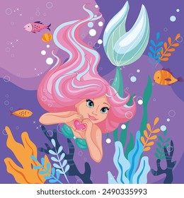 Beautiful mermaid. Cute mermaid with a heart. Pink hair. Cartoon character. Children's drawing. Princess