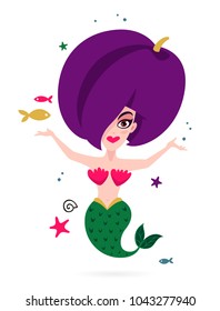 Beautiful mermaid. Delicious plum. Vector illustration on white background. Summer print on a T-shirt.