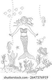 Beautiful Mermaid and Diverse Sea Life Line Art, Ideal for Children's Coloring Books, Educational Resources, and Creative Designs.