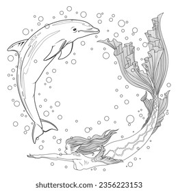 Beautiful Mermaid and The Dolphin Coloring Line Art