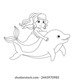 Hermosa sirena y un delfín para colorear página para niños. Pequeña princesa sirena. Bajo La Ilustración vectorial Del Mar. Libro para colorear de fondo oceánico. Caricatura submarina