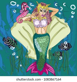The beautiful mermaid drag queen lays on the shell under the ocean with other sea lifes