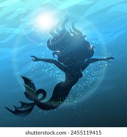 The Beautiful Mermaid Floating Underwater Vector Illustration. No AI software used.