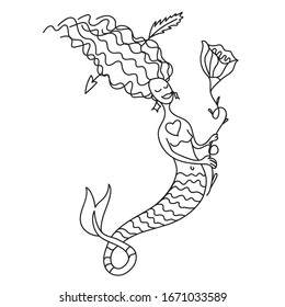 Beautiful mermaid with a flower and an arrow in her hair vector illustration in doodle style isolated on a white background. Fairy tale character book coloring.